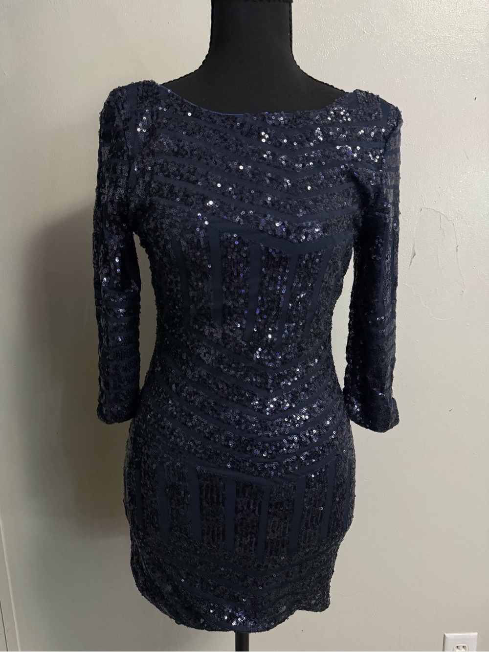 As U Wish Navy Sequin Mini Dress with Three-Quarter Sleeves